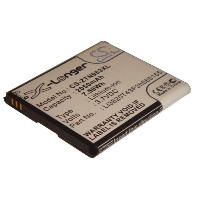 Batterie Li-Ion 2050mAh (3,7 V) pour Smartphone ZTE N983, N 983. Remplace la batterie Li3820T42P3h585155 et Li3820T43P3h585155.