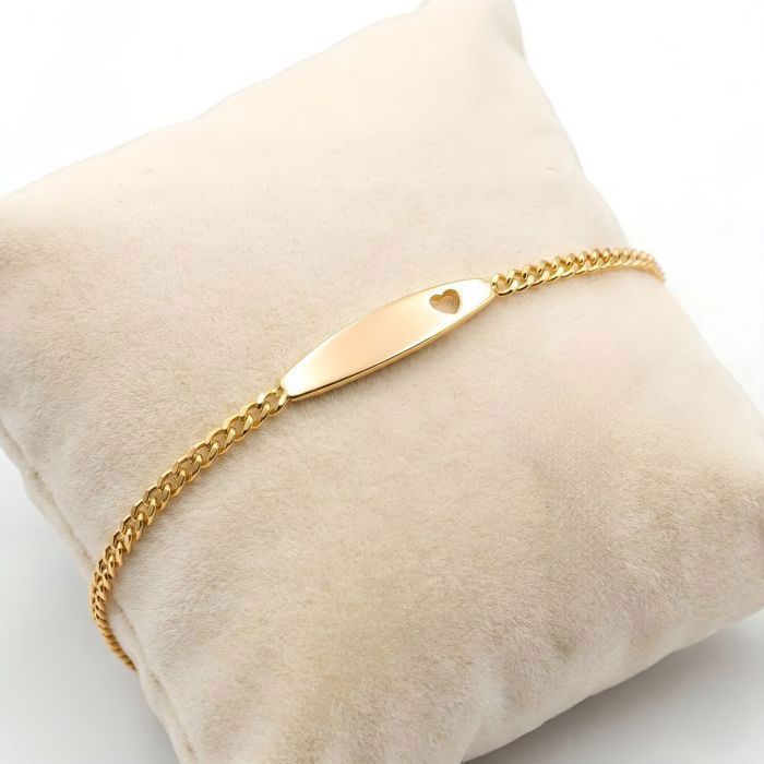 Bracelet - Enfant/Bébé - Fille - Maille Gourmette - Identité - Coeur - Baptême - Plaqué Or Jaune 750/1000 - 3 Microns