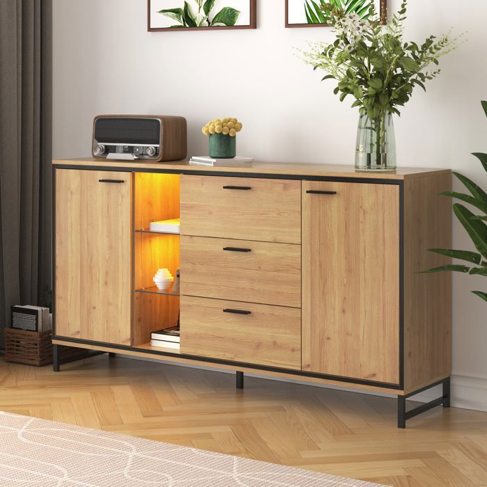 HOMCOM Buffet Bas Style Industriel Noir - Meuble Rangement 4 Portes 2 Tiroirs Étagères Réglables - 150 Cm - Salon Cuisine Salle à Manger