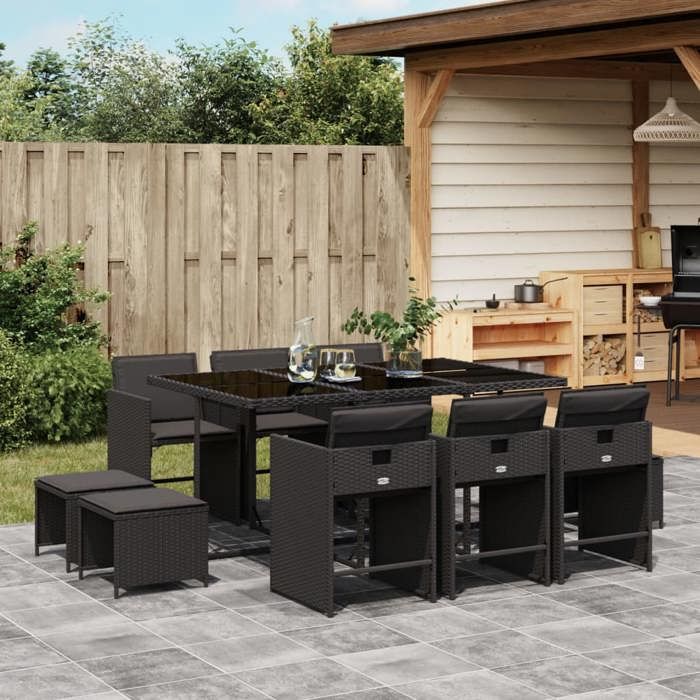vidaXL Ensemble à Manger de Jardin Coussins 11 pcs Chaises à Manger avec Accoudoirs Ensemble de Meubles avec Table 3211147