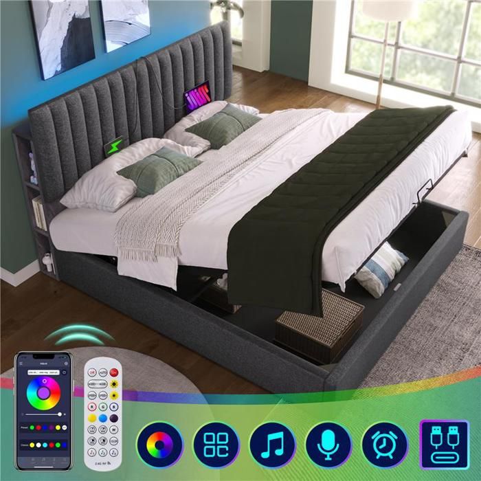Lit Double 180x200 Avec LED Et Charge USB - Cadre Rembourré, Sommier à Lattes, Coffre Hydraulique, Sans Matelas