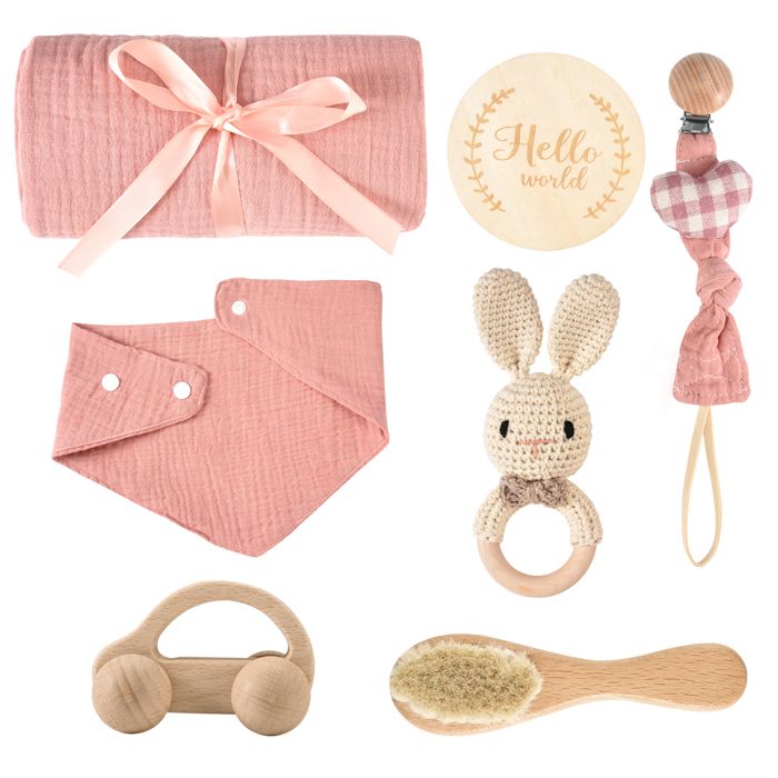 Coffret Cadeau Naissance 7 En 1 - Couverture, Doudou, Hochet, Bavoir, Chaussettes, Boîte Souvenir