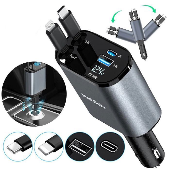 Chargeur allume-cigare USB voiture 120W – 4 ports avec câbles rétractables Type-C – Charge rapide PD/QC 3.0