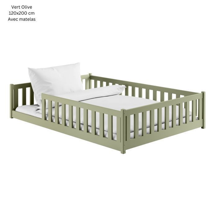 Lit au sol enfant 120x200 cm - Matelas INCLUS - Avec sommier + barrière de lit - Lit Montessori enfant - Pin massif - Vert Olive