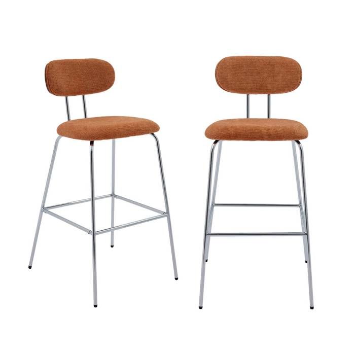 2 tabourets de bar décor bois courbé teinté noyer et tissu déperlant terracotta. pieds métal chromé - L 44 x P 51 x H 103cm - Erin