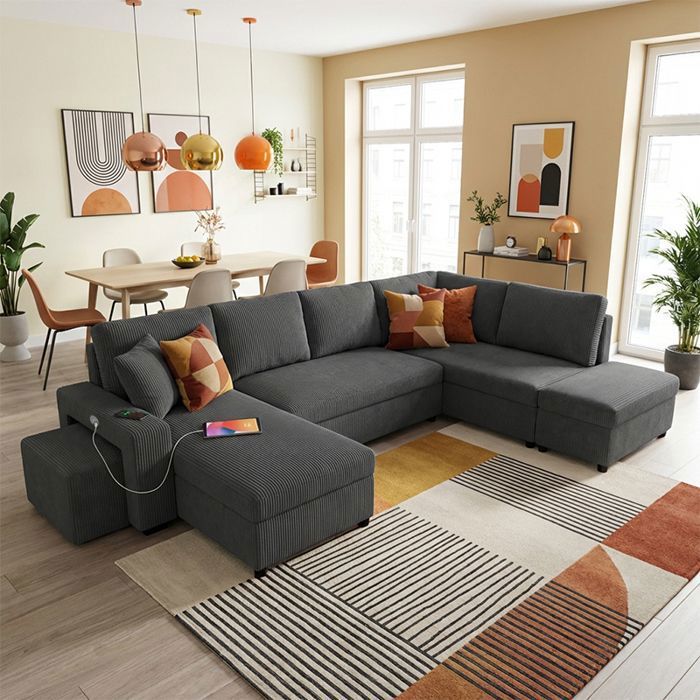 VEGA Canapé dangle panoramique convertible Gris ANTHRACITE (velours côtelé ) - Taille XL - 6 places - 326 x 157 x 83
