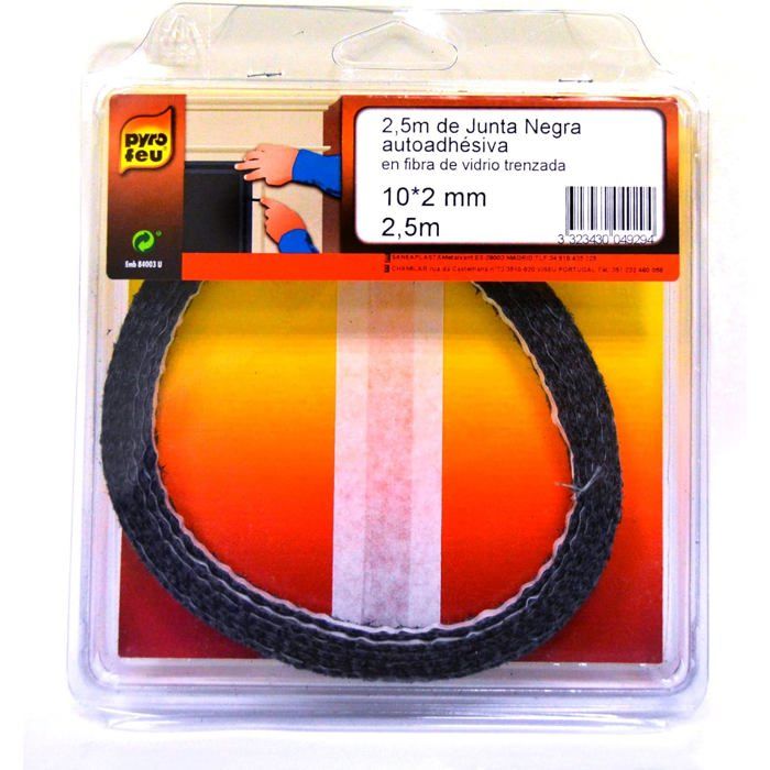 PYRO FEU Junta Refractaria Autoadhesiva 10x2mm – 2.5 Metros – Sella Estufas, Hornos Y Chimeneas Hasta 500ºC