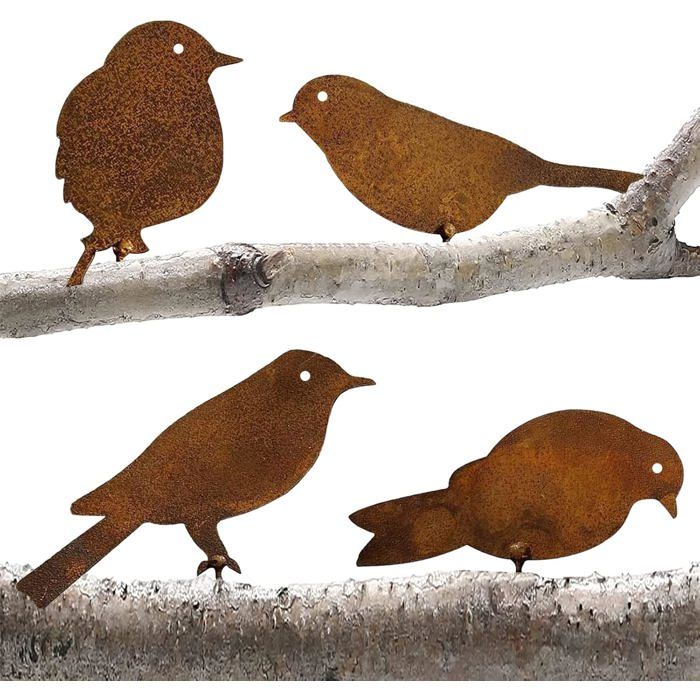 5PCS Oiseaux Rouillés Métal – Silhouettes Décor Jardin Avec Vis, Style Rustique Yard Art