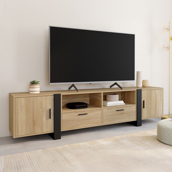 ID MARKET meuble tv PHOENIX 2 portes et 2 tiroirs 200 cm bois clair à poser