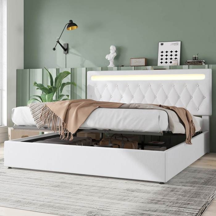 Lit double rembourré 180×200 cm Lit Coffre avec éclairage LED et port USB Rangement Hydraulique Blanc