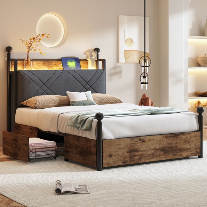 Lit adulte 90x190 cm à baldaquin modulable métal noir LED 16M couleurs et ports USB/Type-C