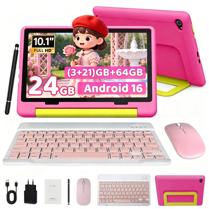 Tablette tactile 101 Android 16 - KOTSREN - 64 Go extensible 1 To - 6000mAh - Clavier stylet étui - Rose