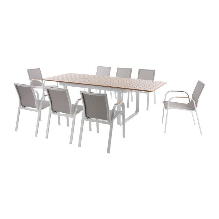 Salle à manger de jardin en aluminium : la table extensible en aluminium L.155/246 cm et 8 fauteuils - Naturel clair et blanc -