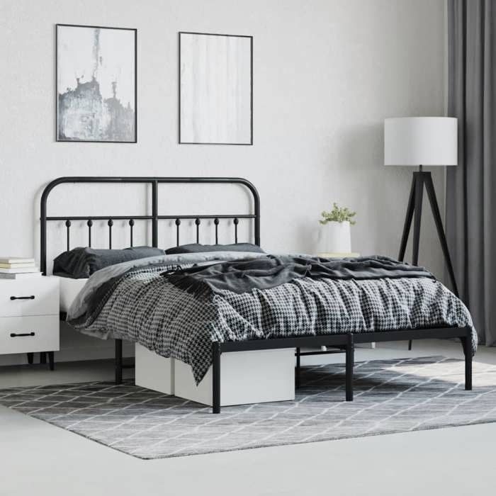 Cadre de lit double en métal - MEUBLECHIC - 140x190 cm - Noir - Acier robuste - Tête de lit incluse