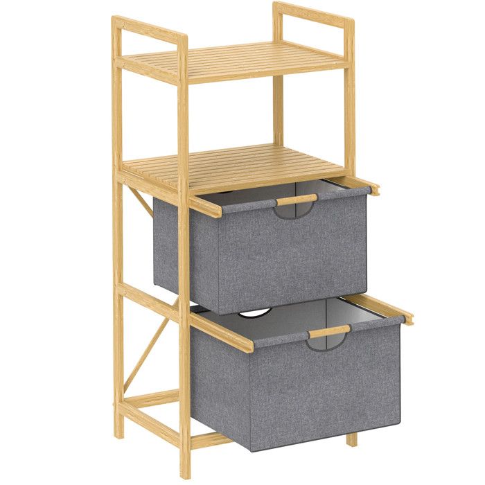 Maisentiel Desserte de salle de bain en bambou avec 2 paniers à linge 17 7 L et 2 étagères - 44 x 34 x 96 cm
