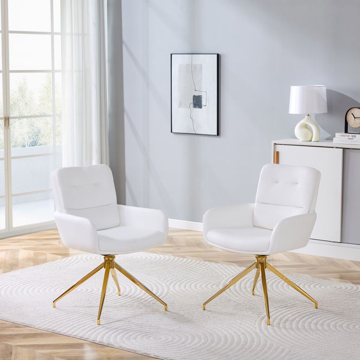 Chaise pivotante de luxe - Ensemble de 2 - Blanc+Or - Revêtement PU - Pieds en métal doré - Pivotant à 360°
