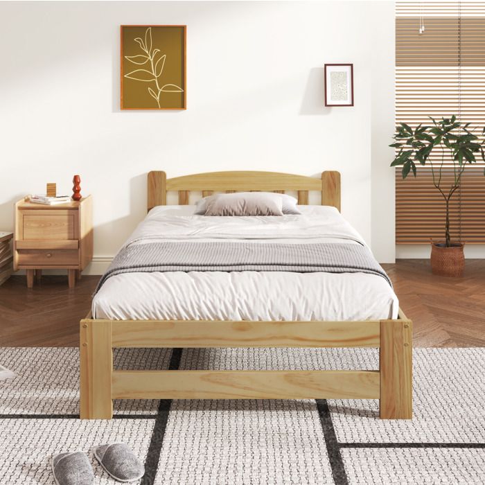 Lit enfant 90x200 cm en bois de pin naturel avec tête de lit à lattes sommier à 15 lattes pied central