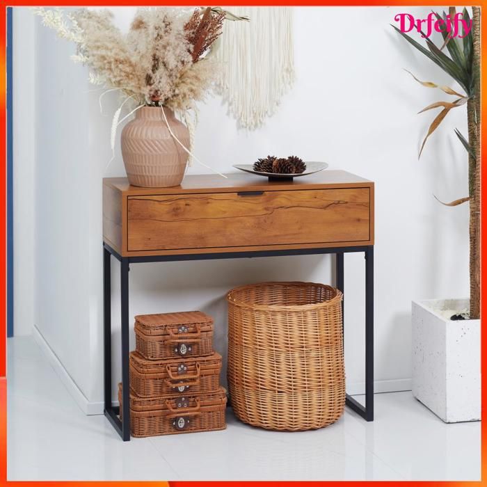 10728 Console meuble table console avec tiroir et pieds en acier pour salon entrée couloir 80 x 30 x 76 cm marron