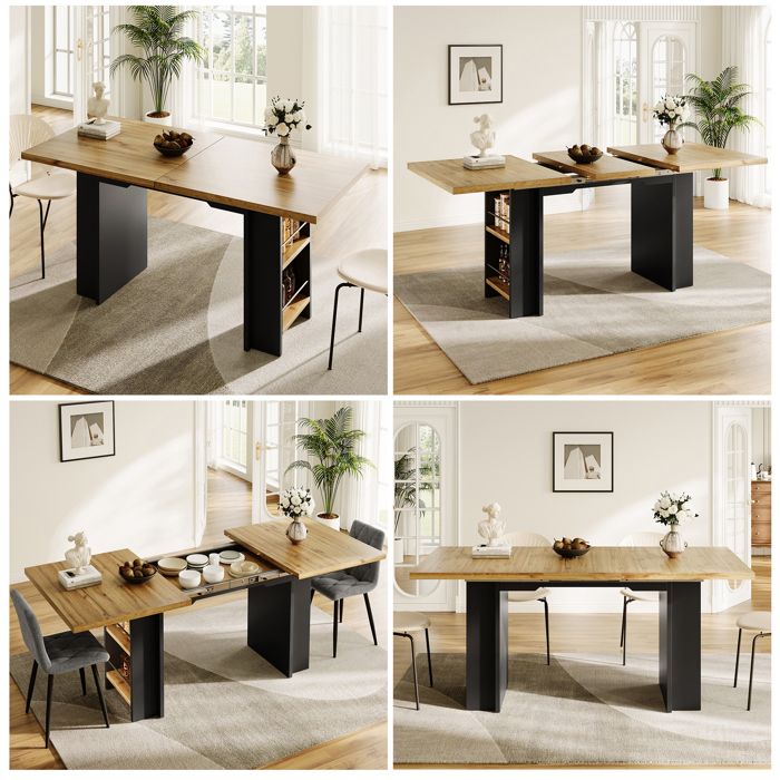 Table à manger télescopique - Extensible 120-160 cm - 80 cm de largeur - Bois naturel - MDF - Étagères intégrées