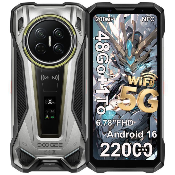 Doogee VMax2 Pro 5G Smartphone Incassable 48Go + 1To 22000mAh/120W 6.78FHD 200MP AI Caméra Android 16 Double SIM NFC GPS - Titane