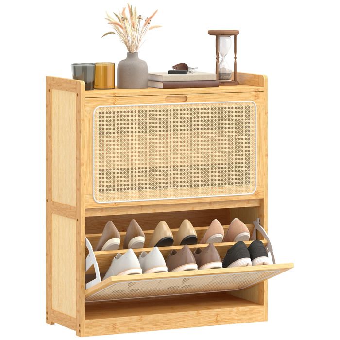 Meuble à chaussures - HOMCOM - 14 paires - 2 tiroirs rabattables étagères réglables - bambou - 69x29x83cm - bois naturel