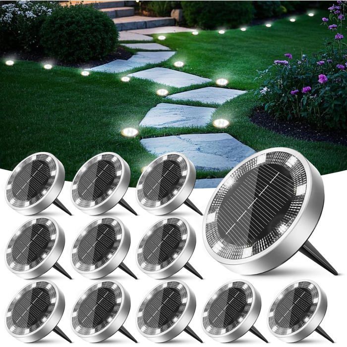 Lot de 12 lampes solaires dextérieur 8 LED étanches adaptées aux allées pelouses jardins et piscines lumière blanche froide
