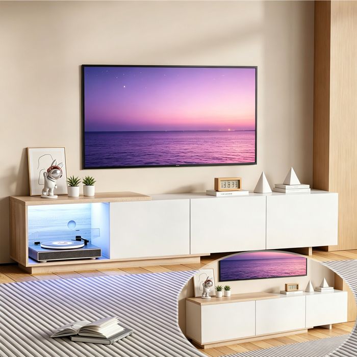 Meuble TV moderne Extensible 163-240 cm Armoire TV à éclairage LED 3 tiroirs de Rangement et Niche Ouverte Banc TV