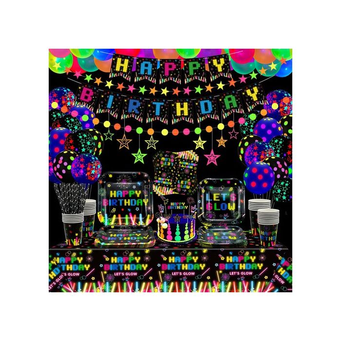 181 pièces Kit de fournitures de fête néon brillant avec ballon néon qui brille d le noir bannière danniversaire  BALLON DECORATIF