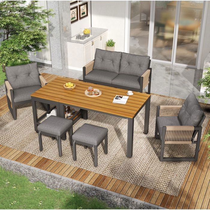 MEULVA salon de jardin 6 places avec canapé 2 places 2 fauteuils 2 tabourets table amovible gris et naturel