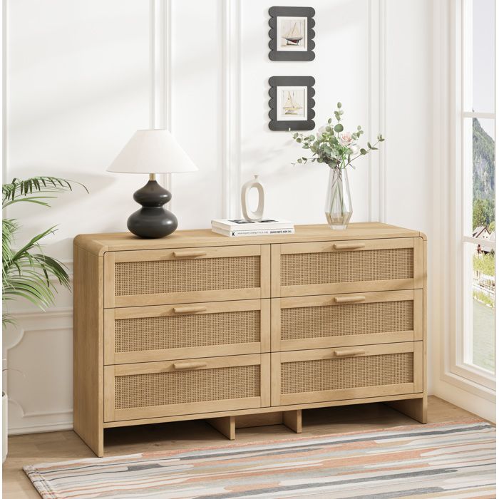 MEULVA Buffet bas 130 cm à 6 tiroirs façades effet rotin couleur naturelle coins arrondis
