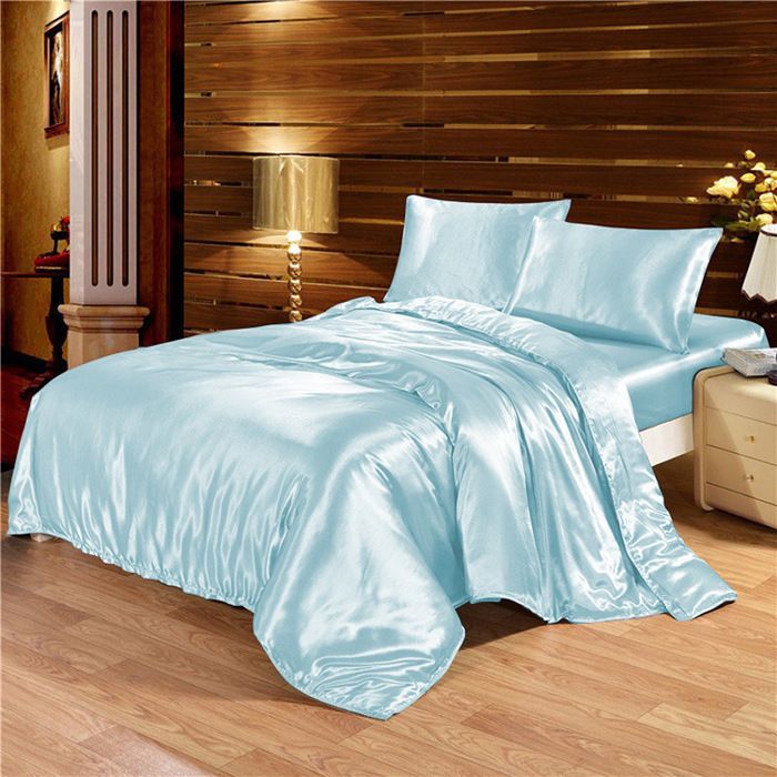 Parure de Lit Satin 200x230 Housse de Couette avec Drap Plat 230x250 2 Taies dOreiller 51x76 cm Linge de Lit SoyeuxBleu 3