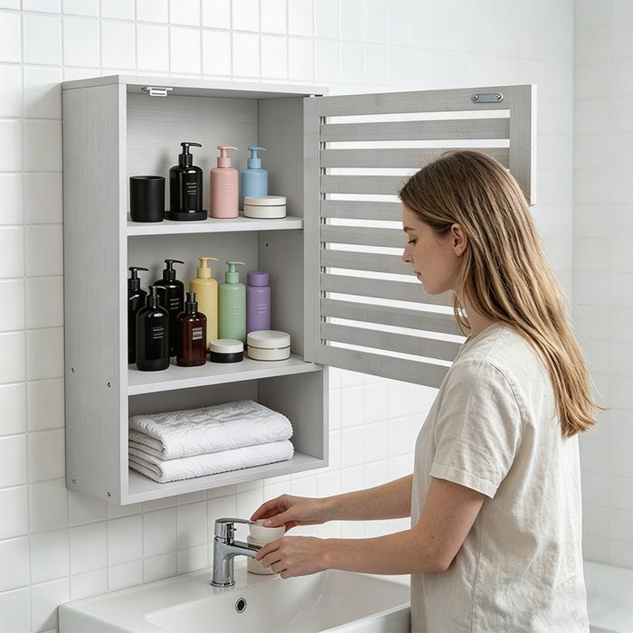OHMG-Meuble Mural Pour Salle De Bains-Porte À Persiennes-Respirant-Fixation Murale-Bambou-Adaptation Dangle-20*40*60cm-Blanc