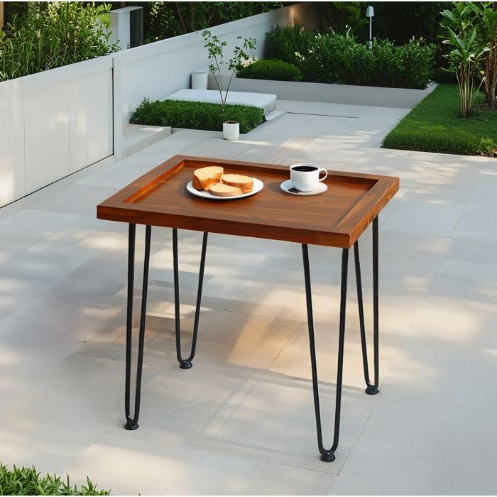 Table basse en acajou massif 555 x 45 x 53 cm avec pieds en fer laqué noir pour salon ou terrasse