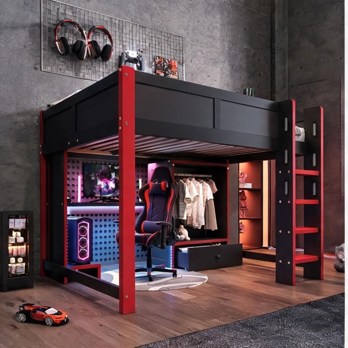 Lit mezzanine enfant/adulte 140x200 cm en pin noir et rouge avec bureau armoire tiroirs et LED RVB