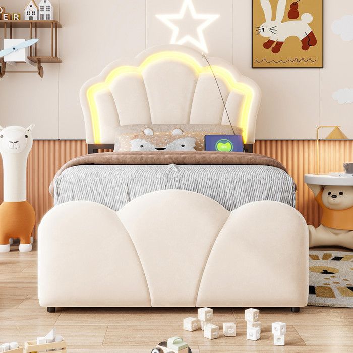 Bladez - Lit rembourré 90x200 cm Lit enfant avec rangement Lit Coffre avec prise électrique et éclairage LED - Beige