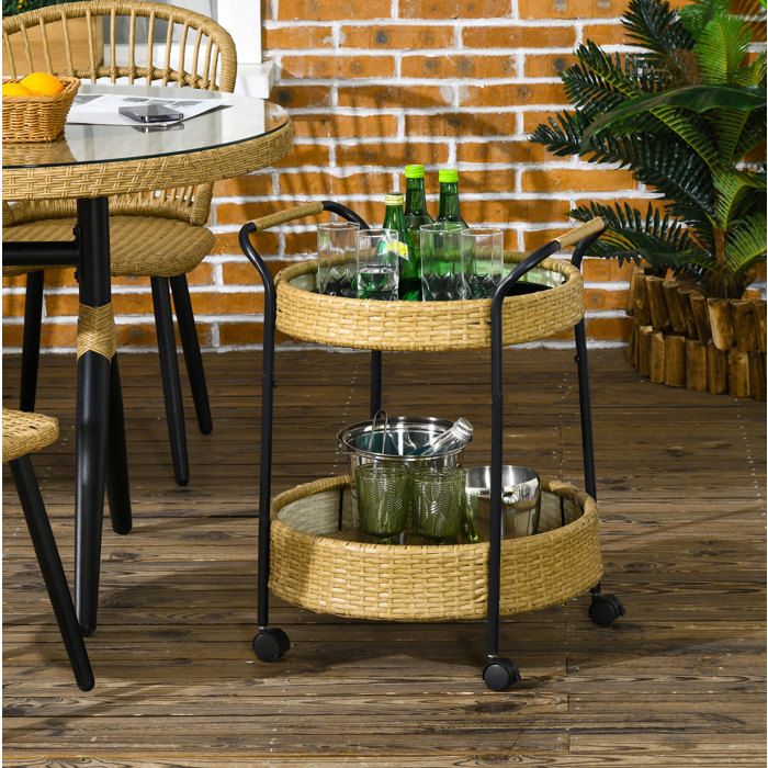 Desserte 2 Niveaux avec Roulettes et Poignées pour Intérieur et Extérieur en Polyrattan Jaune 50 × 50 × 66 cm