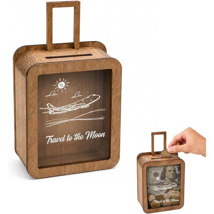 Tirelire en bois au design valise avec fenêtre de visualisationpour de monnaie et billetscoffre au Marron. TIRELIRE