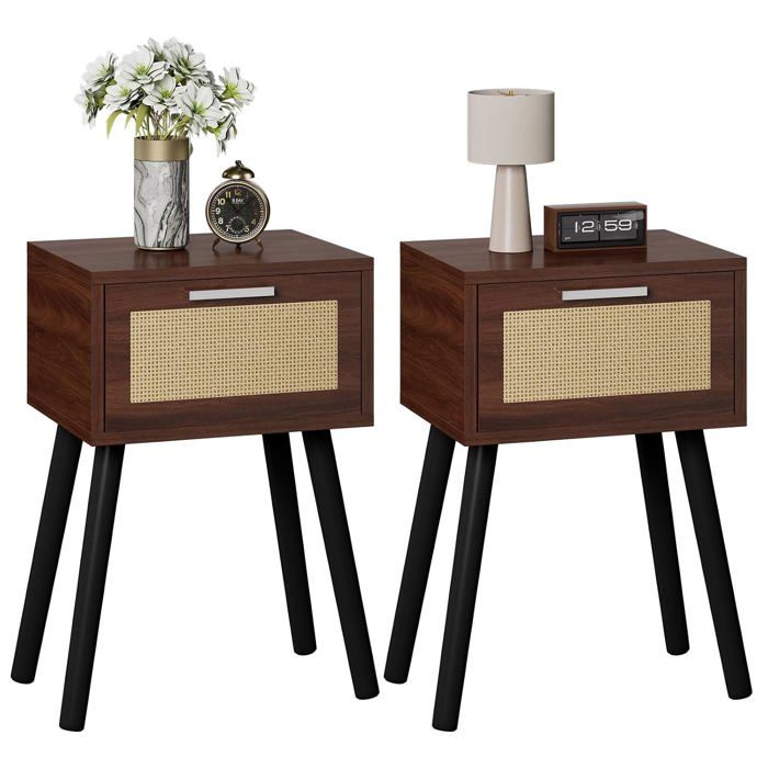 Lot de 2 chevets en bois noyer - table dappoint avec tiroir magnétique en rotin 35 x 27 x 53 cm