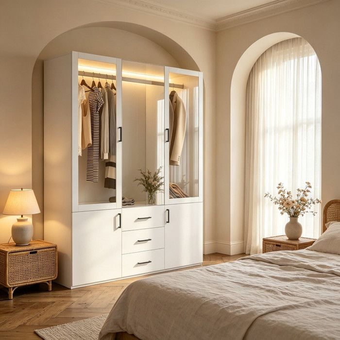 Armoire de Chambre avec Miroir et LED 2 Portes Vitrées et 3 Tiroirs 2 portes Latérales de Rangement 130x51.8x181.5 cm Blanc