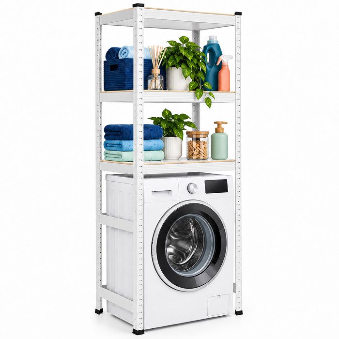 Relaxdays Étagère lave-linge 180 x 70 x 40 cm 3 tablettes 600 kg acier MDF système demboîtement blanche