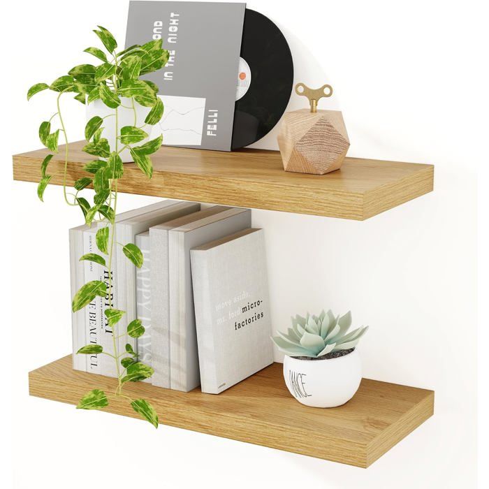 Lot de 2 étagères murales en Bois de chêne-40cm étagère Flottante 23 5cm de Profondeur-pour Cuisine Bureau Salle de Bain