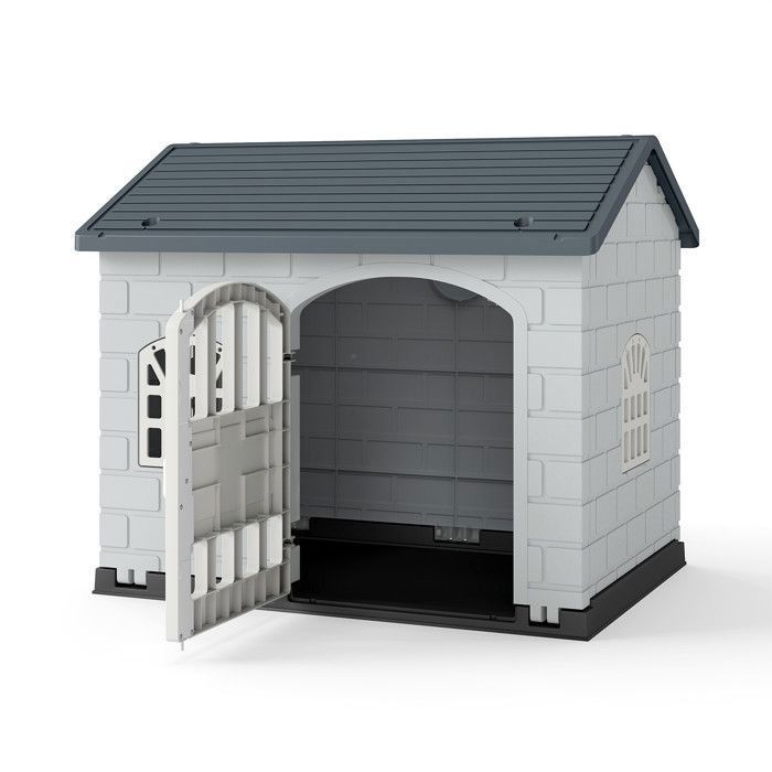 Niche pour Chien en Plastique Imperméable avec Porte Verrouillable et Toit Incliné Abri Extérieur pour Petit Chien Chat Gris