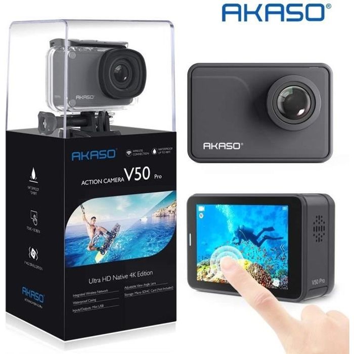AKASO Caméra Sport V50 PRO Etanche 4k Wifi 20MP Action Cam 30fps Caméscope Ultra HD EIS Écran LCD Tactile Noir Avec 32G Carte