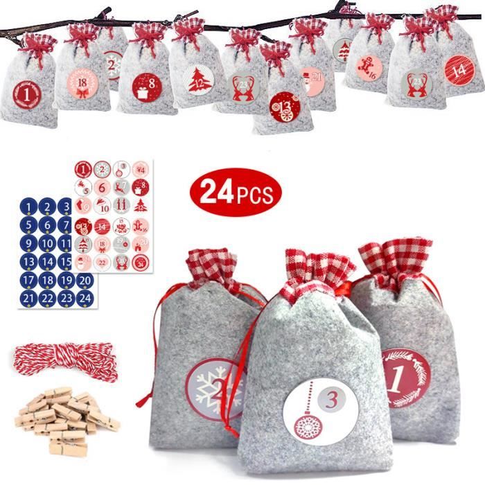 Calendrier De L'Avent DIY - 24 Sacs En Tissu Avec Corde - 16x14 Cm - Motifs Noël - À Remplir - 6