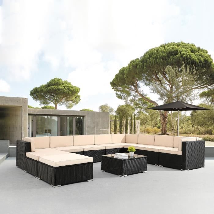 arebos salon de jardin en polyrotin | coussin d'assise | 10 personnes | en polyrotin tressé | table avec plateau en verre | noir