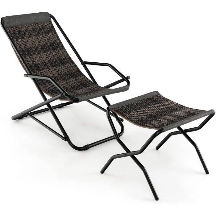 chaise de plage à bascule - gymax - avec repose-pied assorti - rotin pe et métal - gris mélangé