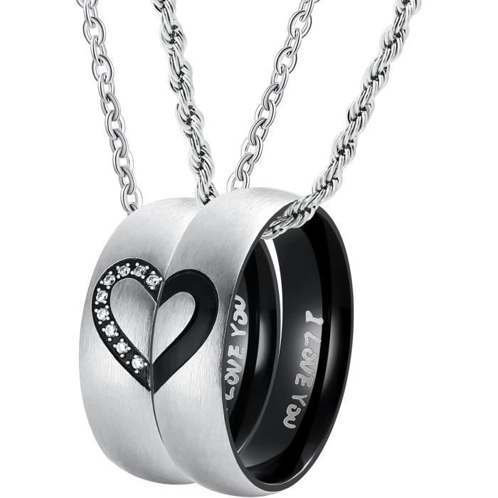 Collier Couple 2 Anneaux I Love You Pendentif Bague Homme Noir Femme Or Rose En Acier Inoxydable C ur Amour Eternel Classiqu m516 Noir Achat Vente sautoir et collier Collier Couple 2