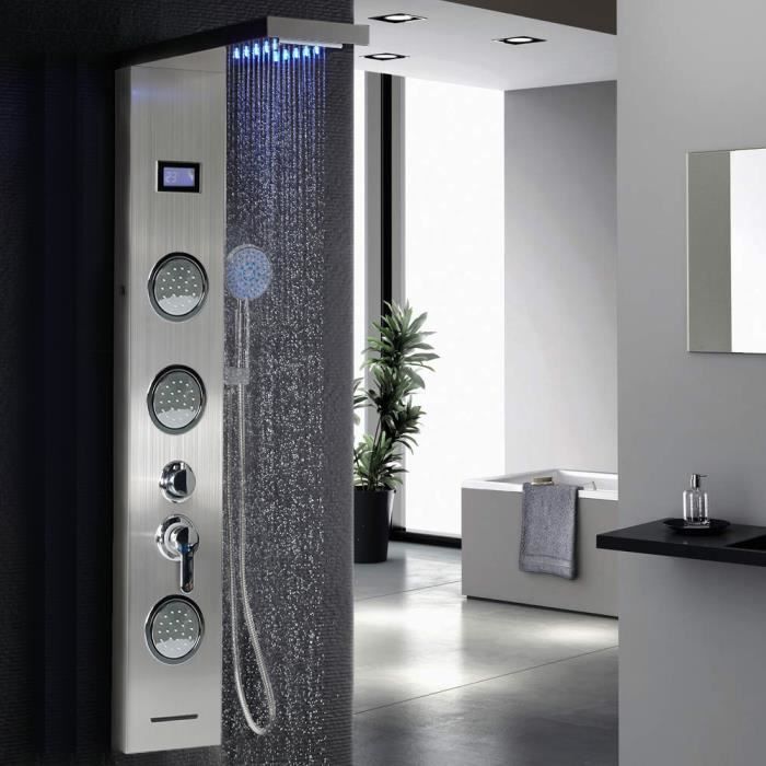 Panneau de douche colonne de douche Syst/ème de douche douche Panneau complet argent grande LED douche /à effet pluie avec 2/ buses de massage en plastique de qualit/é douchette T/ête de douche robinet de douche montage mural