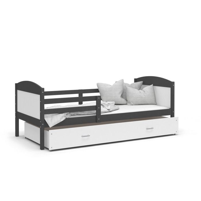 KIDS LITERIE LIT Enfant Mateo 190x90 Gris Blanc livr/é avec sommier tiroir et Matelas en Mousse de 7cm OFFERTS