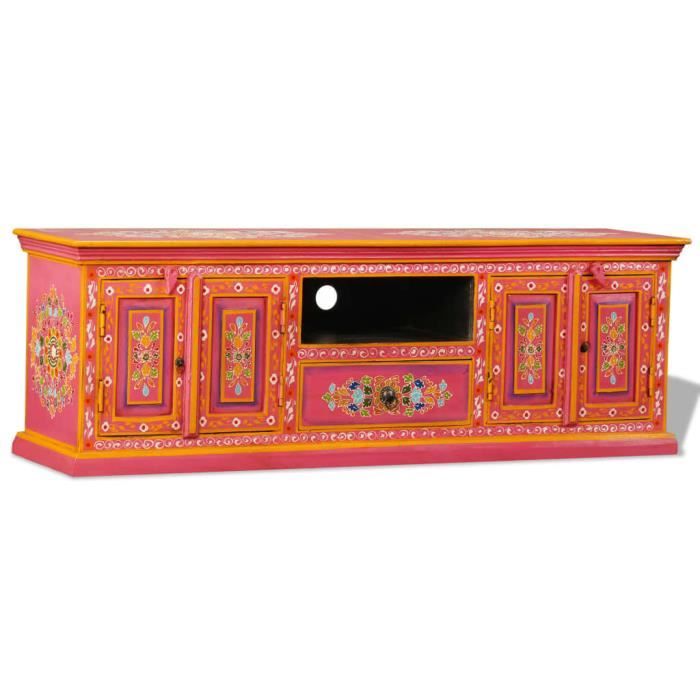 meuble tv - meuble hi-fi - bois de manguier massif - multicolore - vintage - 120 x 30 x 40 cm